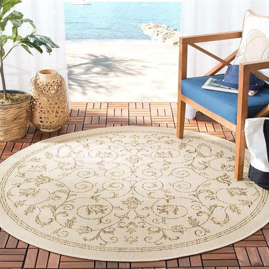 SAFAVIEH Courtyard Collection Area Rug - 6'7" Round, Natural & Brown, Scroll Design, Non-Shedding & Easy Care, Indoor/Outdoor & Washable-Ideal for Patio, Backyard, Mudroom (CY2098-3001)