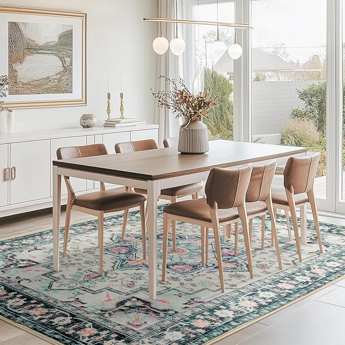 BESTSWEETIE 6x9 Area Rugs for Living Room, Washable Ultra Soft Boho Vintage Print Pattern Rug Non Slip Low Pile Carpet for Dining Room Bedroom Entryway Indoor-Multi/Blue/Beige/Pink