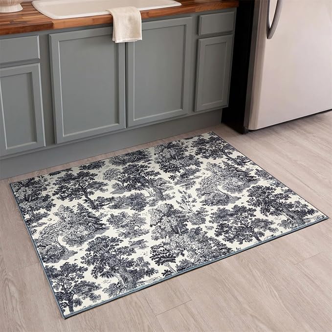Vintage Forest Indoor Door Mat Entrance Entryway Rug Non Slip 2x3 Rug, Black and White Nature Botanical Throw Rug Washable, Abstract Mountain Plants Country Rustic Small Area Rug for Kitchen Bathroom