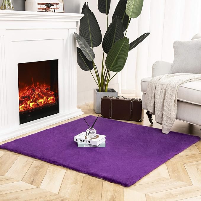 Ashler HOME DECO Ultra Soft Faux Rabbit Fur Chair Couch Cover Area Rug for Bedroom Floor Sofa Living Room Purple 4 x 4 Feet