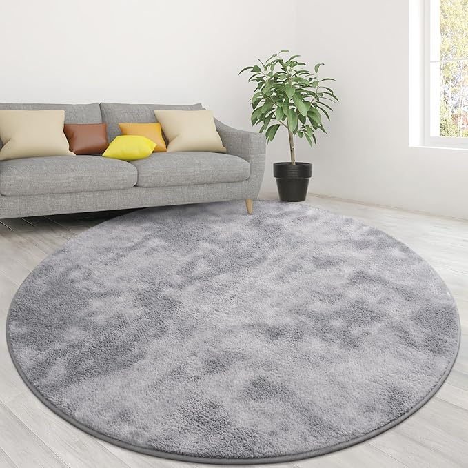 Lascpt Round Rug for Bedroom 6x6, Tie-Dyed Grey Circle Rug for Living Room Super Soft Thicken Memory Foam Circular Rug, Indoor Area Rug for Modern Home Decor, Round Carpet for Nursery Kid's Room