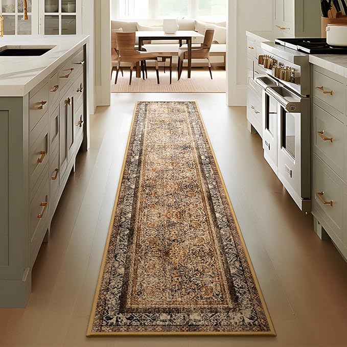 Phantoscope Hallway Runner Rug 2'x8' - Boho Washable Non-Slip Kitchen Rug Runner, Ultra-Thin Vintage Distressed Accent Throw Rug for Entryway Laundry Bathroom Bedroom, Dark Brown/Orange Spice