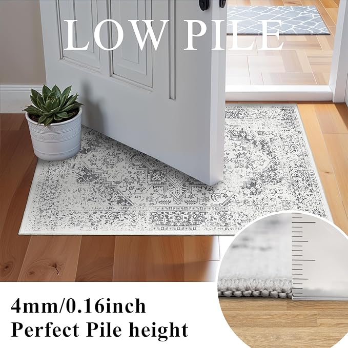 Washable 2x3 Entryway mat - Small Indoor Area Rug for Entrance with Vintage Non-Slip Low-Pile Traditional Medallion Indoor Rug with Stain Resistant Accent Distressed Carpet Thin Rug (Grey)