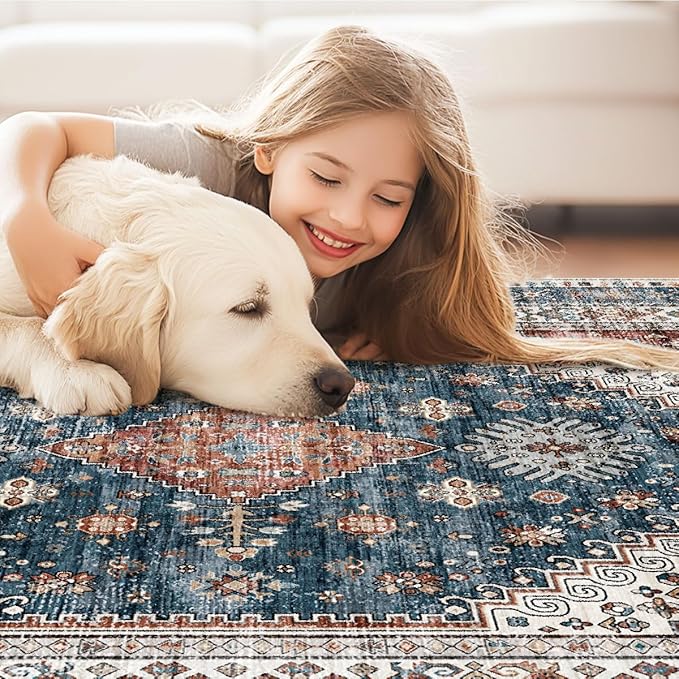 Rug for Living Room-Washable Area Rugs 5'x7' for Bedroom,Ultra-Soft Non-Shedding Faux Wool Vintage Design Boho Low Pile Mat Throw Carpet,Stain Resistant Rugs with Non-Slip Backing