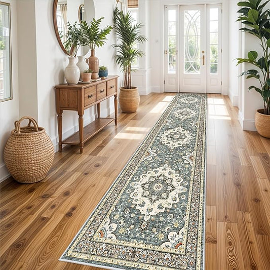 Washable Oriental Hallway Runner Rug - 3x14 Rugs for Living Room Soft Carpet for Bedroom Kitchen Waterproof Floral Distressed Indoor Stain Resistant Non-Shedding Floor Carpets (Blue, 3X14)