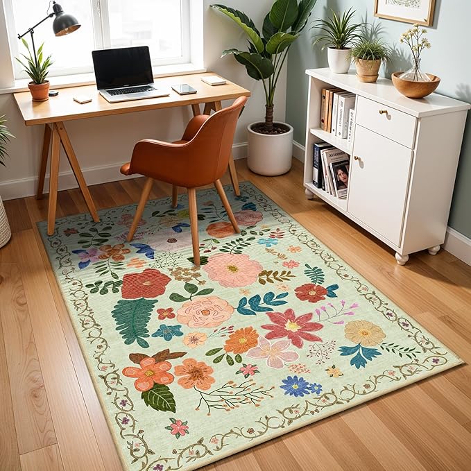 YOUFORTONG Washable Rug 3x5 Area Rugs: Soft Ultra Thin Low Pile Mat Machine Washable Indoor Doormat Lightweight Entry Rug Anti Slip Backing Rugs for Living Room Bedroom Kitchen 3'x5' Green Floral