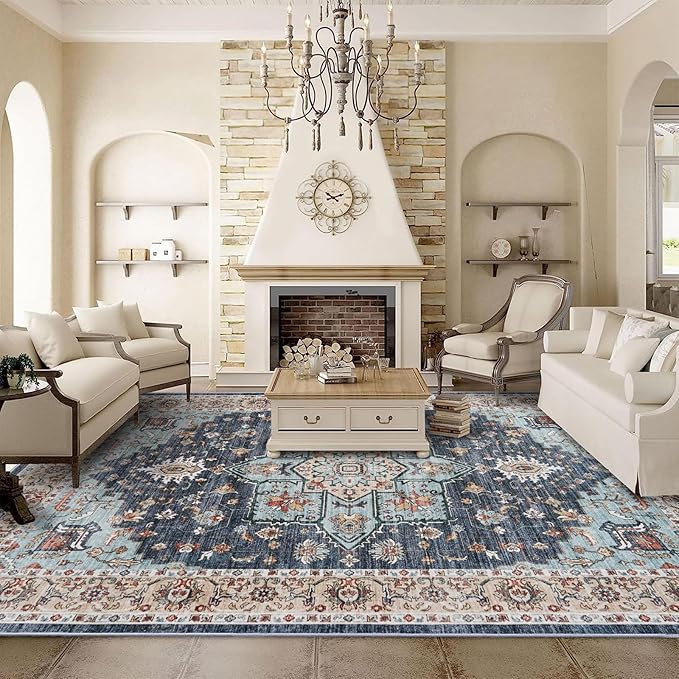 Washable Oriental Area Rug - 9x12 Rugs for Living Room Soft Carpet for Bedroom Waterproof Floral Distressed Indoor Stain Resistant Non-Shedding Floor Carpets (Blue/Teal/Orange, 9x12)