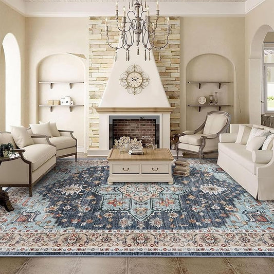 Washable Oriental Area Rug - 9x12 Rugs for Living Room Soft Carpet for Bedroom Waterproof Floral Distressed Indoor Stain Resistant Non-Shedding Floor Carpets (Blue/Teal/Orange, 9x12)