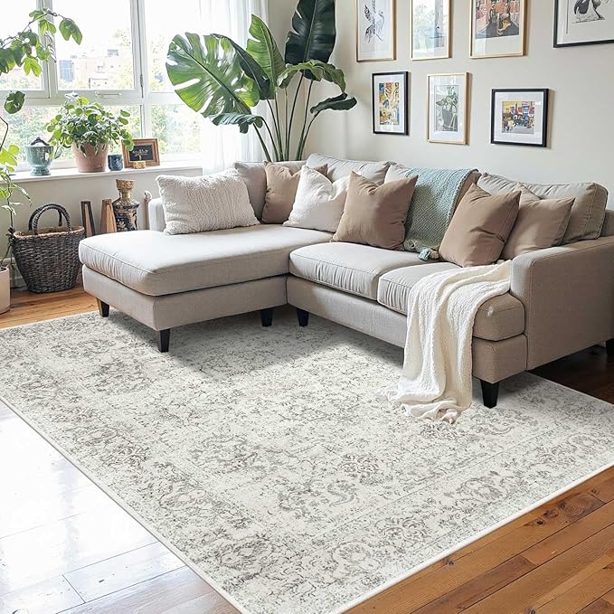 4x6 Washable Area Rug for Living Room, Neutral Vintage Boho Rugs for Office, Dining Room, Kids Room, Farmhouse, Durable Low Pile Non Slip Carpet for High Traffic Areas, Light Grey
