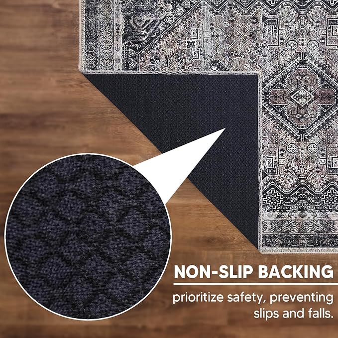 Keen Home Design Machine Washable Area Rugs with Non-Slip Backing, Ideal for Hallway, Living Room, Bedroom, Kitchen and Laundry Room, Vintage Moroccan and Low Pile Rug - (2'6'' x 10'), Black