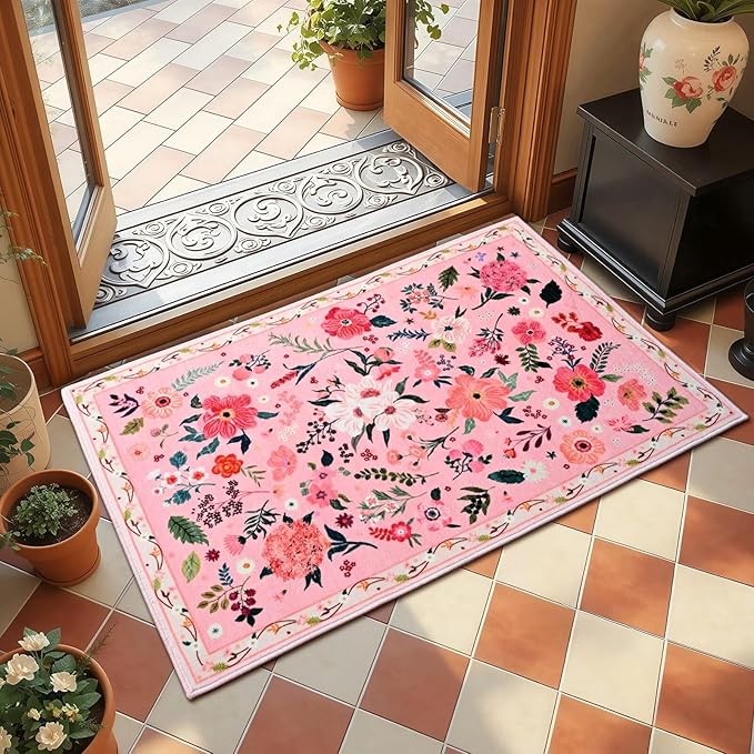 2x3 Pink Floral Rug for Entryway, Flowers Printed Washable Small Rugs with Non Slip Backing for Girls Bedroom Kitchen, Cute Throw Carpet Front Door Entry Decor