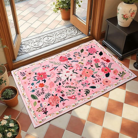 2x3 Pink Floral Rug for Entryway, Flowers Printed Washable Small Rugs with Non Slip Backing for Girls Bedroom Kitchen, Cute Throw Carpet Front Door Entry Decor