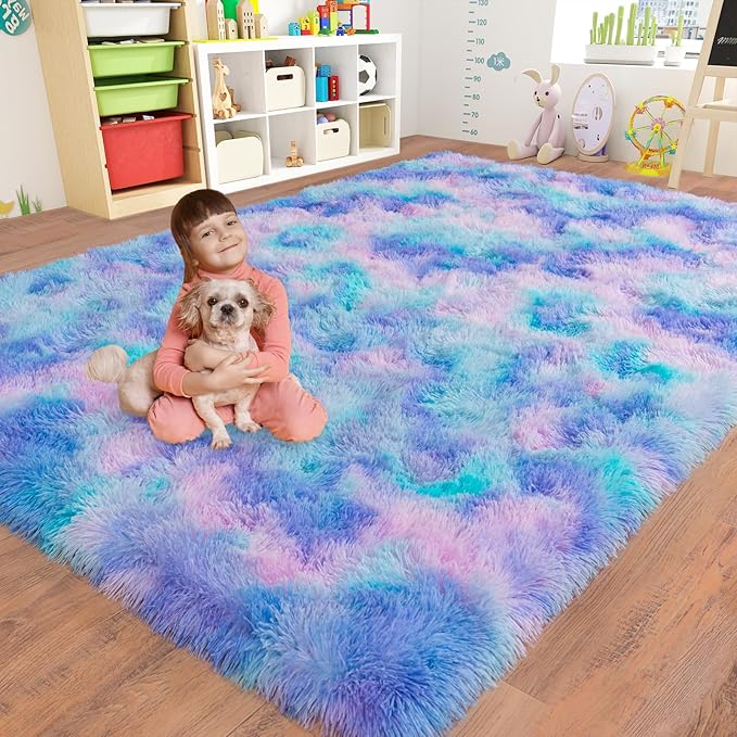 5x7 Area Rugs for Living Room, Plush Thick Carpets for Boy and Girls Room, Modern Soft Shag Rug for Bedroom, Non Slip, Large Indoor Carpet for Nursery Dorms Home Decor Aesthetic, Purple Rainbow