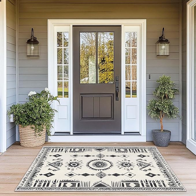 3x5 Area Rug Machine Washable Entryway Rugs Western Tribal Southwestern Black White Rug Non-Slip Low Pile Door Mat Entrance Small Carpet for Home Kitchen Bathroom Bedroom