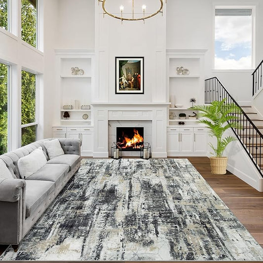 4x6 Area Rugs Washable Rug: Modern Abstract Living Room Rug Soft Anti-Skid Thin Carpet Indoor Floor Non-Shedding Carpets for Bedroom Dining Room Farmhouse Nursery Home Office Black Grey Gold