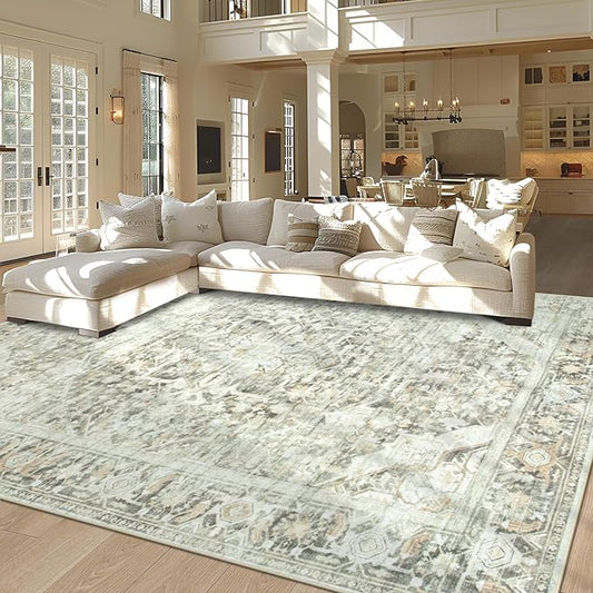 Washable Rugs 8x10 Area Rugs, Soft Vintage Living Room Rug with Anti-Skid Backing Stain Resistant Thin Indoor Carpet Large Area Rug for Bedroom Under Dining Room Table Nursery Entryway-Brown/Green