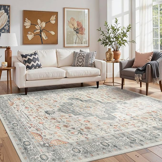 5X7 Washable Area Rug for Living Room, Vintage Neutral Large Boho Rugs for Office, Dining Room, Kids Room, Farmhouse, Low Pile Non Slip Carpet for High Traffic Areas, Taupe