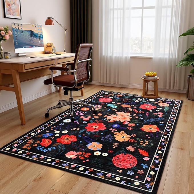 Black Floral Rug for Girls Bedroom, 3x5 Machine Washable Area Rugs with Non Slip Backingfor Living Room, Cute Flowers Carpet Kitchen Dining Room Kids Playroom Decor
