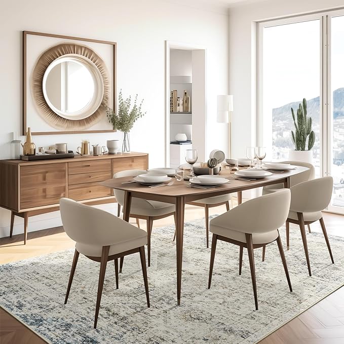 Washable Area Rug 8x10, Large Soft Rugs for Living Room Vintage 8x10 Area Rugs for Bedroom Dining Room Non-Slip Stain Resistant Under Table Blue Ivory Rug