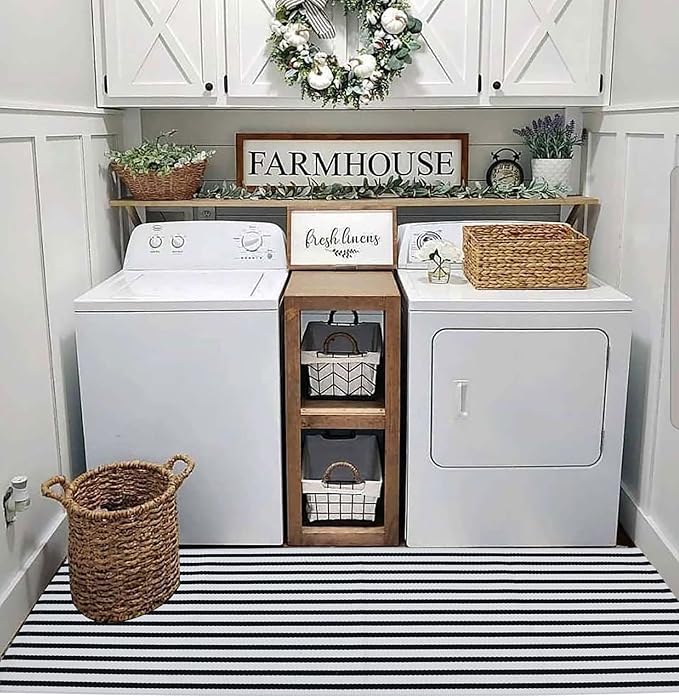 Black and White Outdoor Rug 2' x 4.3' Striped Front Porch Rug Hand-Woven Cotton Rug Machine Washable Floor Mat Indoor/Outdoor Area Rug for Layered Door Mats/Farmhouse/Living Room (2' x 4.3')