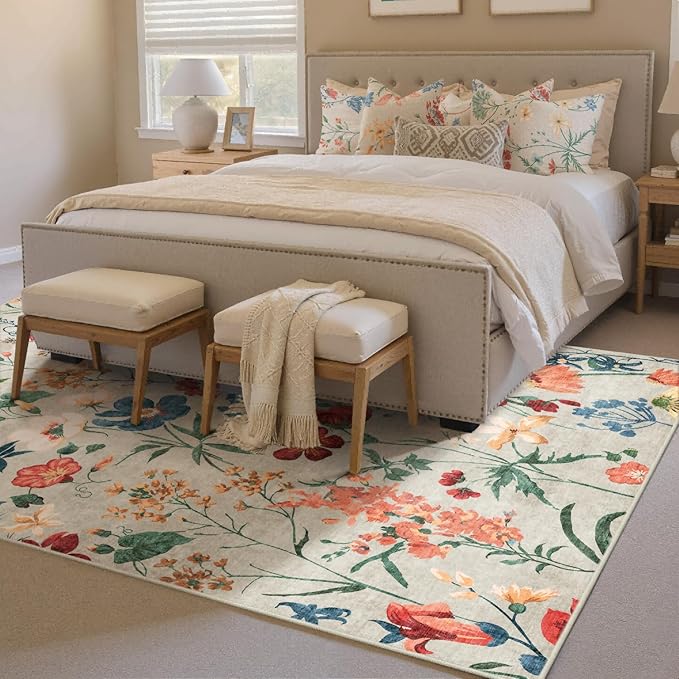 Beige Area Rug 4x6 Office Floral Indoor Door Mat Washable Boho Kitchen Living Room Carpet Non Slip Bedroom Low Pile Lightweight Throw Rug for Dining Room Farmhouse