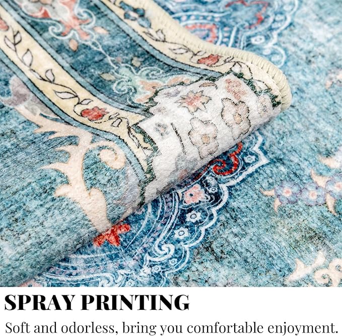 MUJOO Boho Rug 4'x6.5' Area Rugs for Bedroom Living Room Dining Room Teal Small Machine Washable Non Slip Carpet for Office Dorm Bedside Kitchen Laundry Room Accent Soft Blue Floral