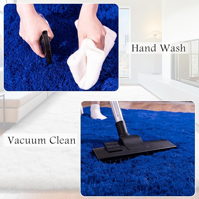 4x6 Area Rug for Bedroom, Blue Rugs for Living Room Nursery Kids Room Dorm Home Decor Aesthetic, Fluffy Shaggy Rug with 4 Anti-Slip Carpet Tapes, Navy Blue