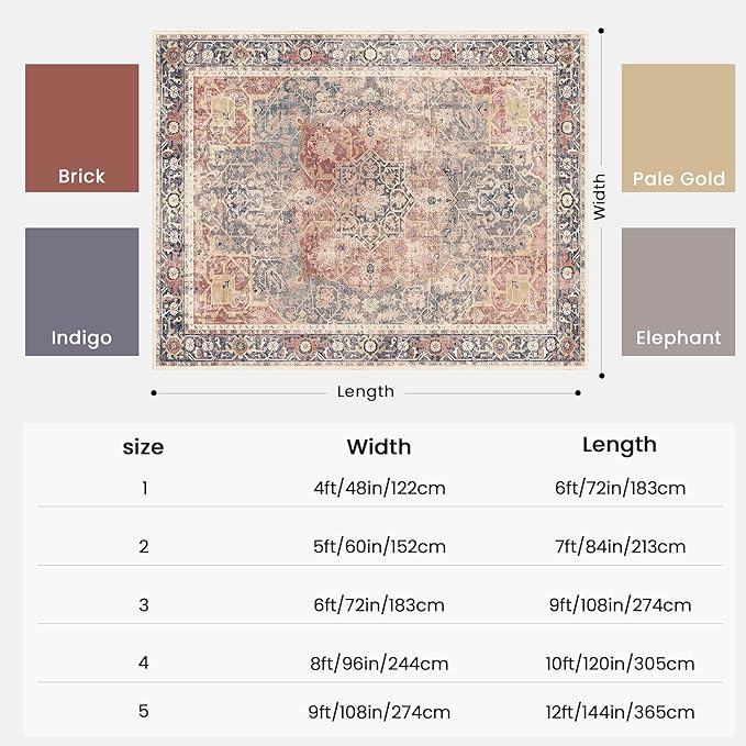 Kokia 6x9 Area Rugs for Living Room, Machine Washable Non Slip Vintage Boho Rugs, Low Pile Distressed Medallion Print Rug for Bedroom, Dining Room Brick Red 6 x 9