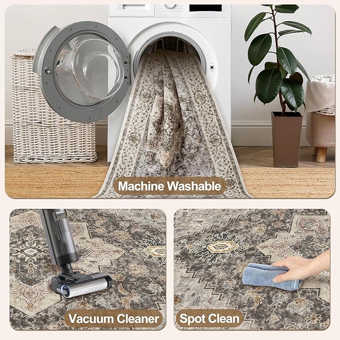 2.6x8 Washable Runner Rug for Hallways, Non Slip Vintage, Soft Low Pile Long Runner, Print Distressed Brown/Grey Carpet Runners for Kitchen Bedroom Entryway Bathroom Living Room