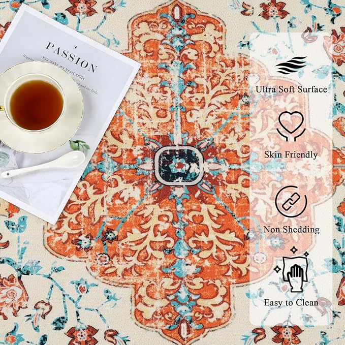U'Artlines Boho Vintage Area Rug 8x10 Machine Washable Low Pile Soft Floor Carpet Non Slip Non Shedding Accent Rug for Living Room Bedroom Entryway Dining Room Office Orange/Multi