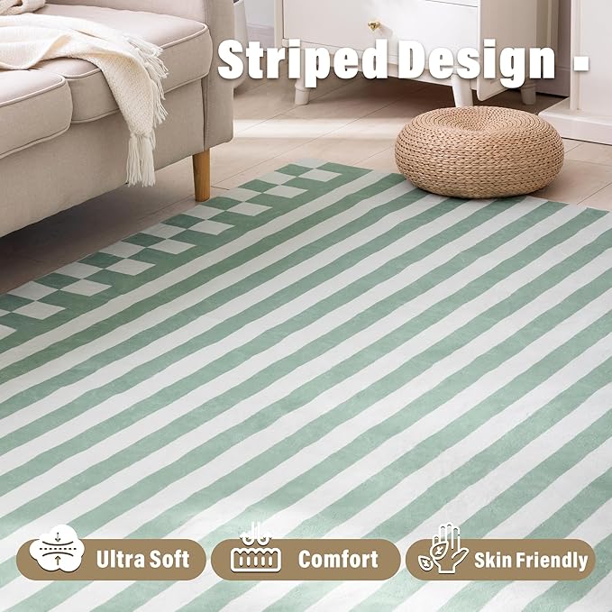 Carvapet Green Rugs for Living Room Bedroom, Striped Low Pile Modern Large Carpet with Rubber Backing, Foldable, Non Slip Machine Washable (7 x 5 Feet Rectangular, Green Area Rug)