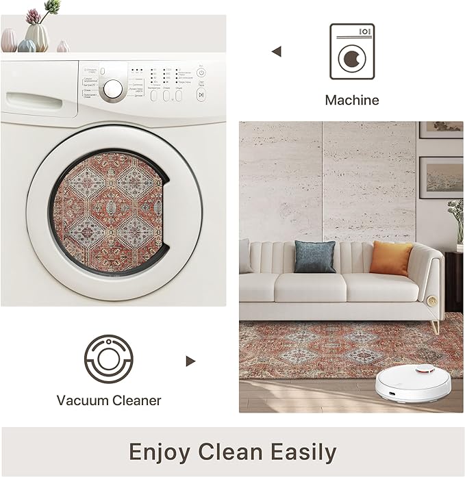 Bavni 4x6 Area Rugs for Living Room, Machine Washable Rug Non Slip, Vintage Chenille Distressed Print Carpet, Large Low Pile Ultra-Thin Lightweight Rugs for Bedroom, Dining Room, Office, Spice Sky