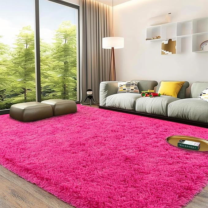 Shaggy 5x7 Area Rug, Shag Hot Pink Rug-Fuzzy Rugs for Living Room, Kids Boys Living Bedroom Decor - Modern High Pile Non Slip Area Rug