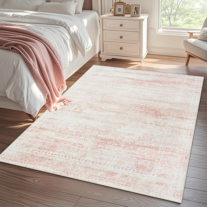 Washable Rugs 8x10 Area Rugs for Living Room,Rugs for Bedroom,Large Carpets,Ultra Soft Faux Wool Retro Dining Room Rug,Non Slip&Non-Shedding Low Pile Vintage Print Rug for Home Office-Pink White