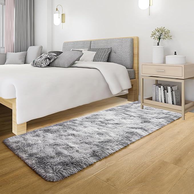 Tepook Fluffy Runner Rugs for Bedroom Aesthetic 2x6 Feet, Shag Soft Bedside Rug with Non-Slip Bottom, Fuzzy Plush Carpet for Room, Hallway Rug for Nursery Dorm Indoor Home Decor, Tie-dye Light Grey