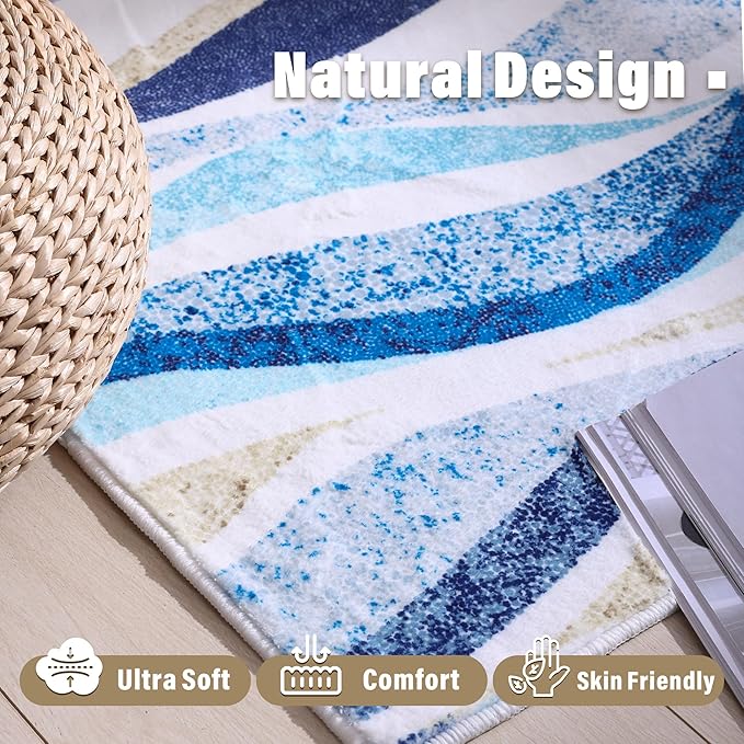 Carvapet Rugs for Hallway Laundry Bedroom, Modern Floral Low Pile Long Carpet with Rubber Backing, Foldable, Non Slip Machine Washable (6 x 2 Feet Rectangular, Blue Runner Rug)