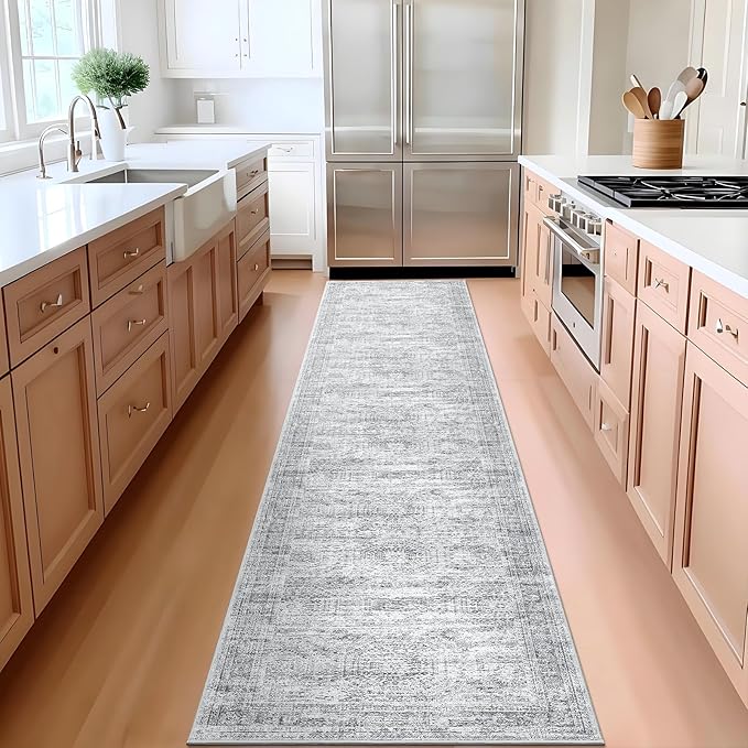 Runner Rug 2'x10' Washable Non-Slip Runner Rugs for Kitchen Bathroom Laundry Room Grey Vintage Floor Carpet Runners for Hallway Entryway