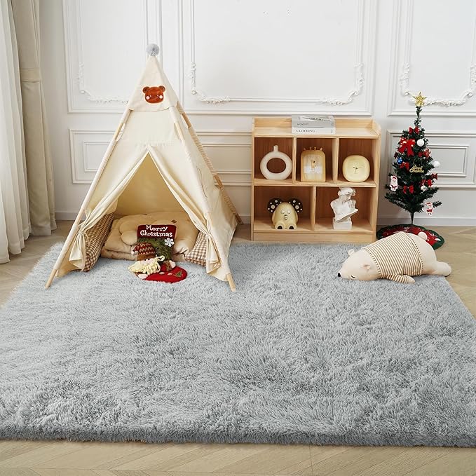 Fluffy Rug Shaggy Area Rug, Gray 9x12 Area Rugs for Living Room, Large Shag Area Rugs for Bedroom Kids Room Home Decor, Upgrade Anti-Skid Rectangular Fuzzy Rugs