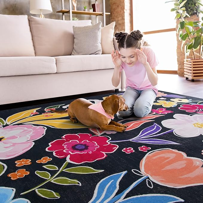 ST. BRIDGE Rugs for Entryway 2x3, Indoor Entrance Rugs Washable Black Boho Floral Throw Rug Non-Slip Low Pile Front Door Mat, Soft Small Area Rug Entry Rug for Bedroom Kitchen Bathroom
