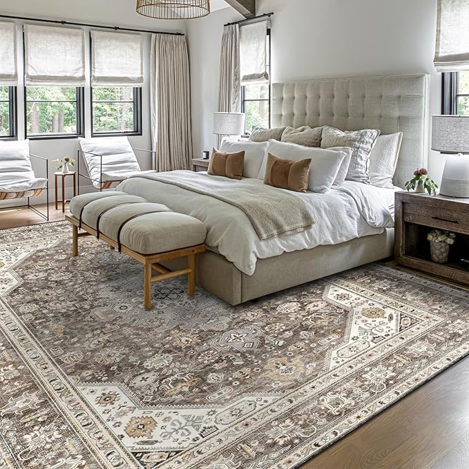 Washable Area Rug 9x12 - Bedroom Living Room Large Indoor Rugs Soft Oriental Vintage Rugs Non-Slip Backing Stain Resistant for Farmhouse Kitchen (9x12 Brown)