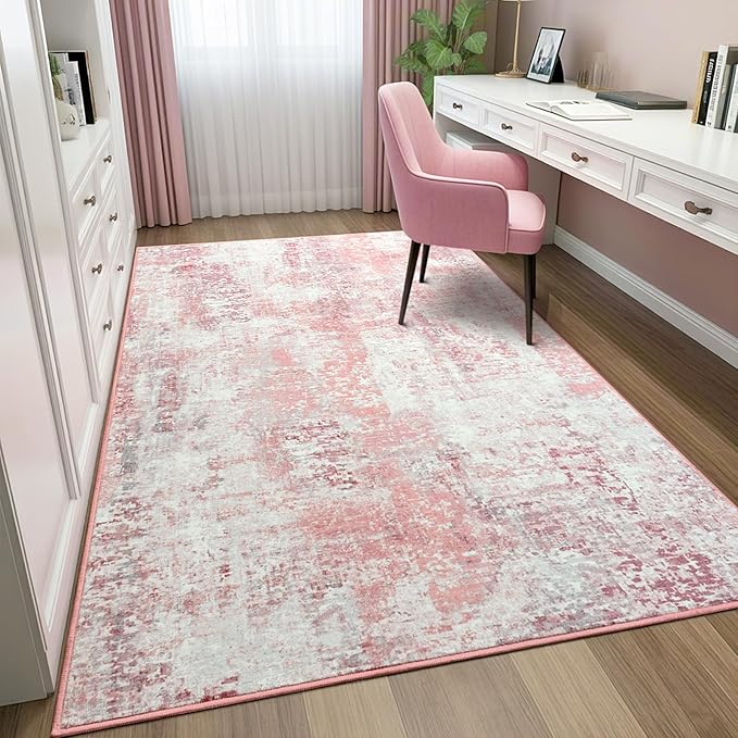 3x5 Pink Washable Area Rug for Living Room Bedroom, Modern Abstract Non-Slip Rugs, Low Pile Soft Stain Resistant Carpet for Dining Room, Kitchen, Office, Dorm, Bedside Decor