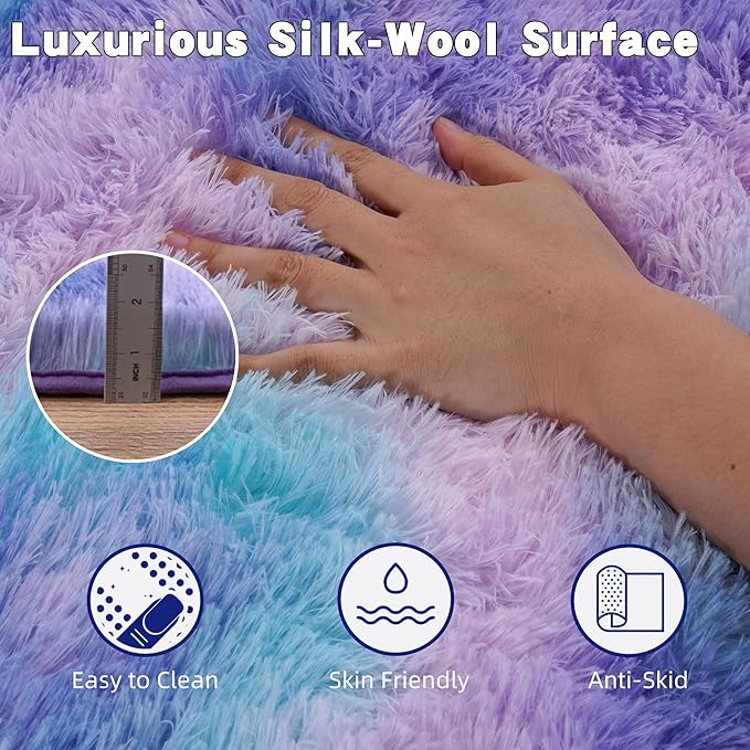 Purple Rainbow Fluffy Rug for Bedroom 8x10 ft Large - Ultra Soft & Non Slip Shaggy Area Rug, Comfy Durable Carpet for Living Room Kids Room Teens Dorm Home Decor, 1.7'' Thick Indoor Plush Carpets