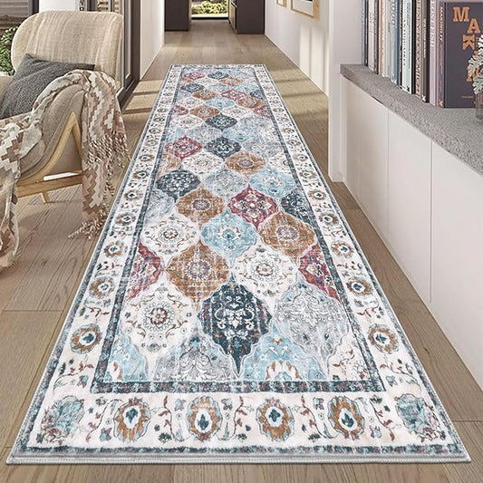 HEBE Hallway Runner Rug 2'8"x8' Washable Vintage Distressed Area Rugs Non Slip Laundry Rug Runner Boho Floor Carpet Runners for Hallways Entryway Laundry Room Kitchen Bathroom