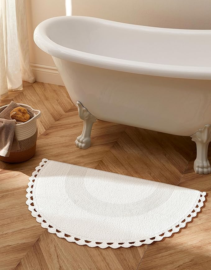 Savi Home Half Circle Bohemian Bathroom Rug with Handwoven Chrochet Border, Beautifully Handcrafted 100% Cotton Mat - 22x42, Round Boho Bedroom Rug, Boho Bathroom Décor, Machine Washable - White
