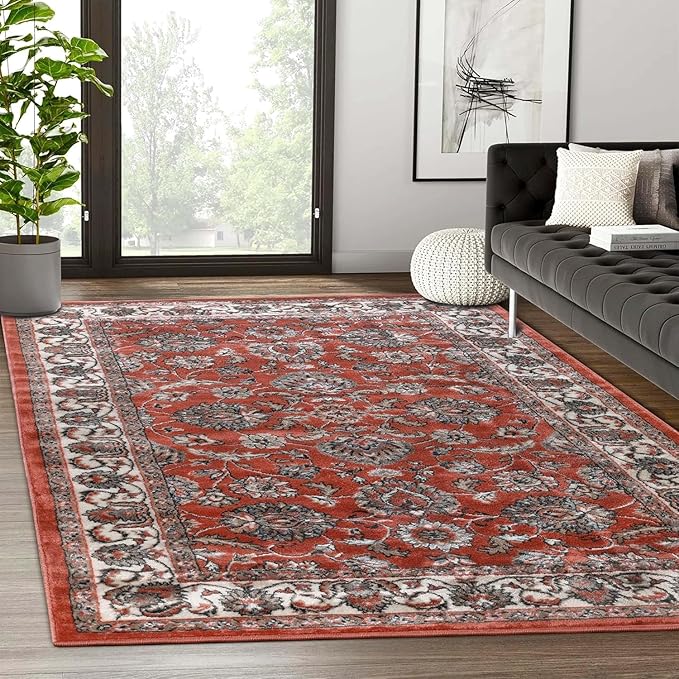 Superior Lille 3 Piece Indoor Area Rug Set, Jute Backing, Oriental Floral Decor for Hallway, Entry, Office, Kitchen, Bedroom, Living Room Floors, Plush Rugs, 4' x 6', 5' x 8', 8' x 10', Salmon