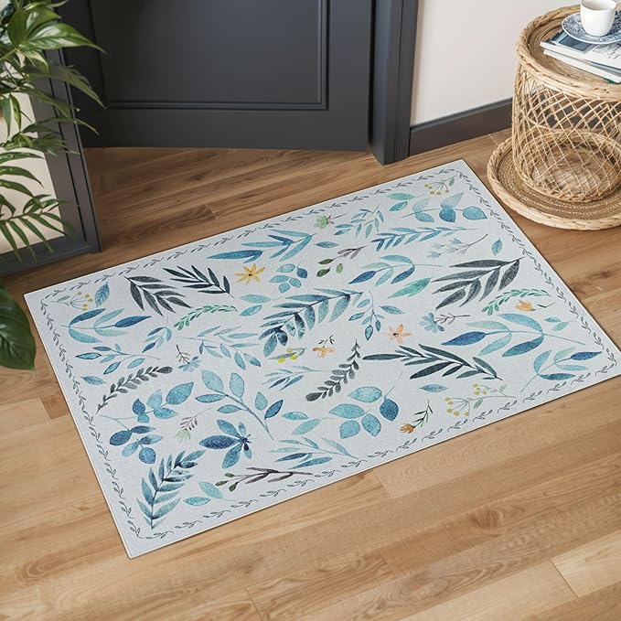 Syalife 2x3 Area Rugs, Non Slip Washable Small Rugs for Entryway, Kitchen, Bathroom, Kids Room, Low Pile Entry Throw Rug Indoor Front Door Mat (Blue Leafy, 2'x3')