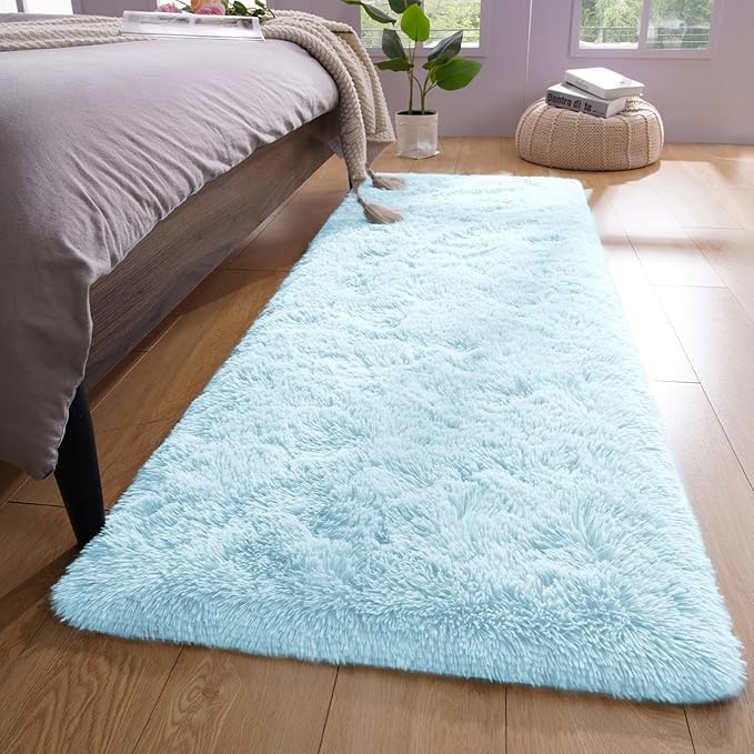 YJ.GWL Fluffy Runner Rugs for Bedroom Living Room Soft Shag Area Rug 2x6 Feet, Light Blue Rug Fuffy Carpet Non Slip for Nursery Dorm, Fuzzy Bedside Rug for Kids Room Home Decor