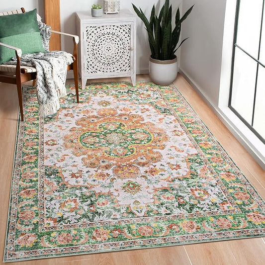 4x6 Area Rugs for Living Room, Foldable Machine Washable Rug, Soft Low Pile Non-Slip Vintage Floral Rug, Carpet for Bedroom, Dining Room, Bedside, Farmhouse, Office, Dorm (Green, 4'×6')