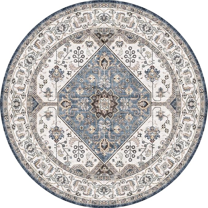 Living Room 4round Area Rugs - Boho Rugs for Living Room Stain Resistant Carpet Vintage Tribal Rugs for Bedroom Kitchen Bathroom with Non Slip Backing Home Decor Floor Decoration Mat 4ft Navy