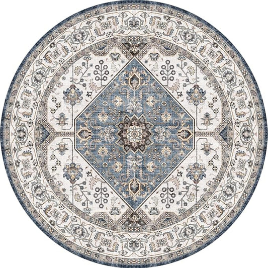 Living Room 4round Area Rugs - Boho Rugs for Living Room Stain Resistant Carpet Vintage Tribal Rugs for Bedroom Kitchen Bathroom with Non Slip Backing Home Decor Floor Decoration Mat 4ft Navy